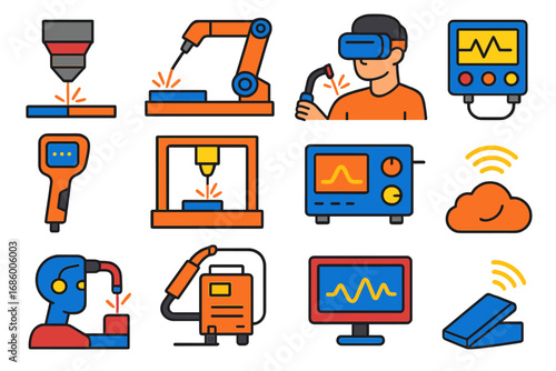 Advanced Welding Icons. Flat vector icons of advanced welding tech: laser welding head, hybrid welding system, augmented reality