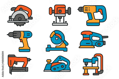 Vibrant Carpentry Tool Icons. Flat vector icons of carpentry power tools: circular saw, jigsaw icon, router tool, drill driver,
