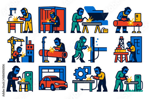 Bold Welding Icons. Flat vector icons of welding environments: fabrication shop, welding booth, outdoor weld station, shipyard