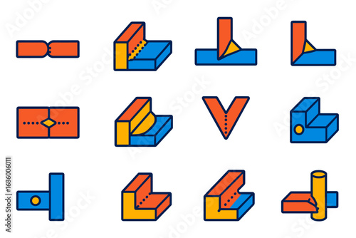 Modern Welding Icons. Flat vector icons of welding joints: butt joint, lap joint, T-joint, corner joint, edge joint, fillet weld,