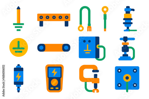 Electrical Grounding Icons. Flat vector icons of electrical grounding and bonding: ground rod, ground bar, bonding jumper,