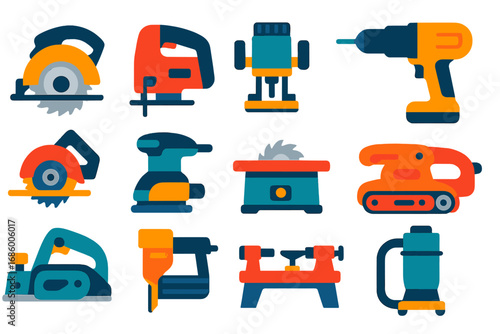 Vibrant Carpentry Tool Icons. Flat vector icons of carpentry power tools: circular saw, jigsaw icon, router tool, drill driver,