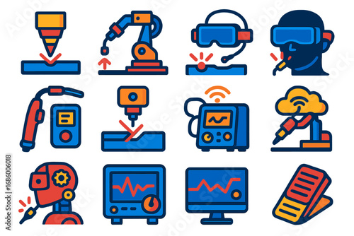 Advanced Welding Icons. Flat vector icons of advanced welding tech: laser welding head, hybrid welding system, augmented reality