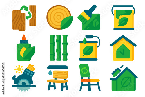 Eco Carpentry Icons. Flat vector icons of green carpentry: reclaimed wood, sustainable material, eco finish, non-toxic glue,