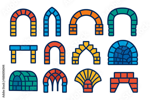 Colorful Masonry Icons. Flat vector icons of masonry arches and vaults: semicircular arch, gothic arch, segmental arch,