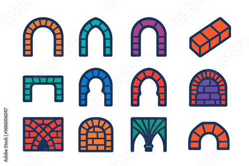 Colorful Masonry Icons. Flat vector icons of masonry arches and vaults: semicircular arch, gothic arch, segmental arch,