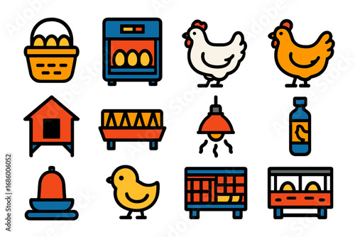 Modern Poultry Farming Icons. Flat vector icons of poultry farming: egg basket, incubator, broiler chicken, laying hen, chicken