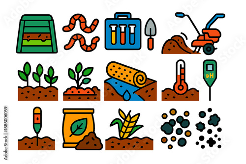 Soil Management Icons. Flat vector icons of soil management: compost bin, earthworms, soil test kit, tiller machine, cover crop,