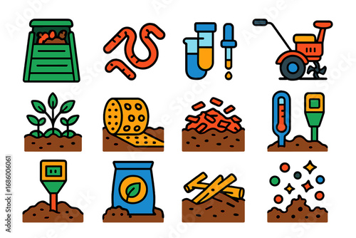 Soil Management Icons. Flat vector icons of soil management: compost bin, earthworms, soil test kit, tiller machine, cover crop,