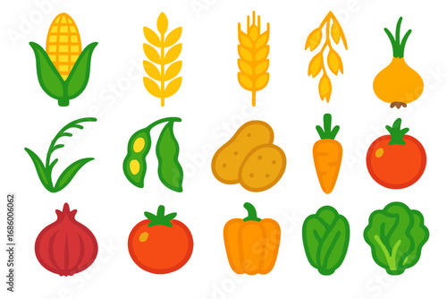 Vibrant Crop Icons. Flat vector icons of crop types: corn, wheat, barley, oats, rice, soybeans, potatoes, carrots, onions,