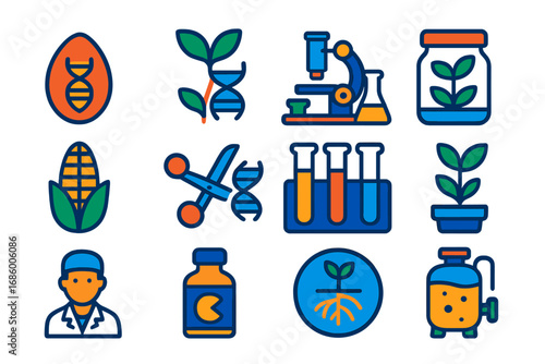 Biotech Icons Set. Flat vector icons of agricultural biotechnology: gene-edited seed, plant DNA helix, biotech lab, tissue culture