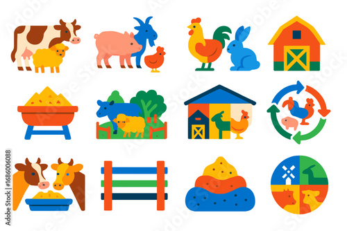 Diverse Livestock Icons. Flat vector icons of mixed livestock farming: cow and sheep, pigs and goats, poultry and rabbits,