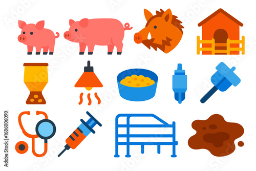 Pig Farming Icons. Flat vector icons of pig farming: piglet, sow, boar, pigsty, feed dispenser, heat lamp, pig feeder, water