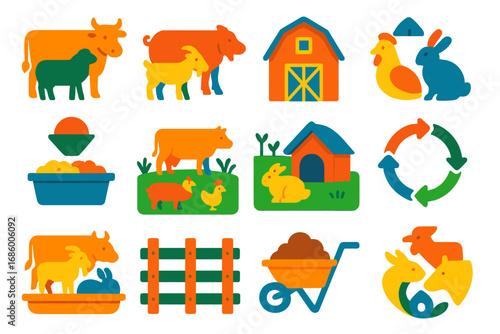 Diverse Livestock Icons. Flat vector icons of mixed livestock farming: cow and sheep, pigs and goats, poultry and rabbits,