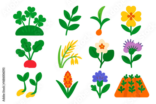 Bright Crop Icons. Flat vector icons of cover crops: clover field, vetch leaves, rye sprout, mustard flower, radish greens, oats