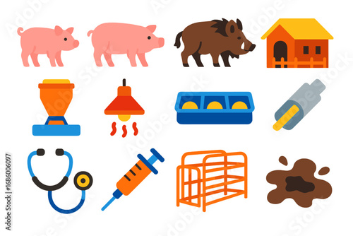 Pig Farming Icons. Flat vector icons of pig farming: piglet, sow, boar, pigsty, feed dispenser, heat lamp, pig feeder, water