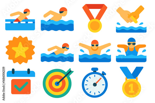 Swimming Milestone Icons. Flat vector icons of swimming milestones: first 25m swim, non-stop 500m, first meet medal, relay success