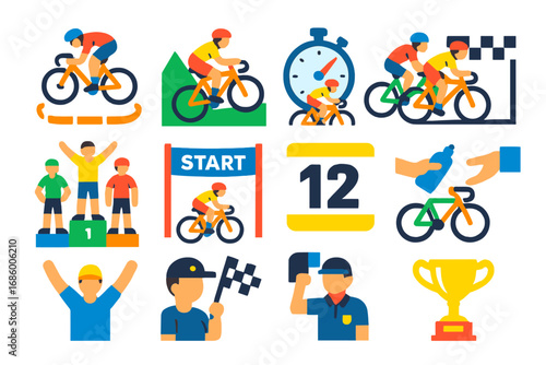 Cycling Race Icons. Flat vector icons of bike races: criterium race, grand tour stage, time trial, mountain stage, sprint finish,