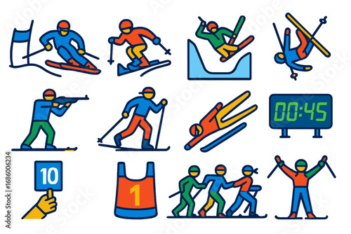 Ski Competition Icons. Flat vector icons of ski competitions: slalom skier, moguls, halfpipe run, aerials trick, biathlon rifle,
