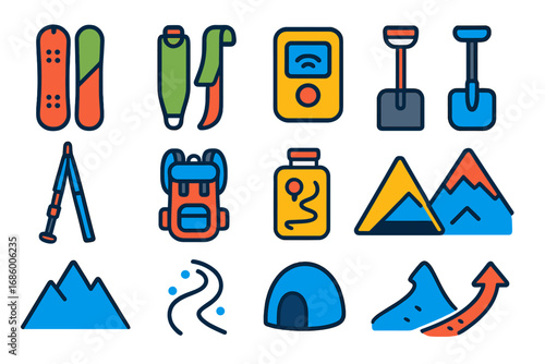 Backcountry Snowboarding Icons. Flat vector icons of backcountry snowboarding: splitboard, climbing skins, avalanche beacon,
