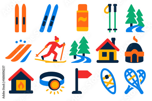 Cross-Country Ski Icons. Flat vector icons of cross-country skiing: classic skis, skate skis, ski wax, ski poles, snow track,