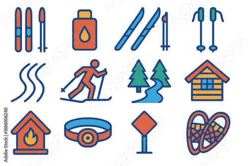 Cross-Country Ski Icons. Flat vector icons of cross-country skiing: classic skis, skate skis, ski wax, ski poles, snow track,