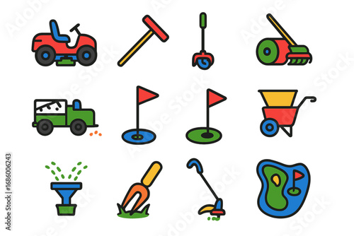 Golf Course Icons. Flat vector icons of golf course maintenance: lawn mower, bunker rake, hole cutter, green roller, fairway