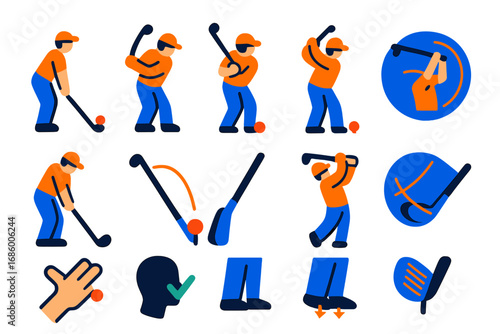 Golf Swing Icons. Flat vector icons of golf swing mechanics: stance icon, takeaway position, backswing, top of swing, downswing,