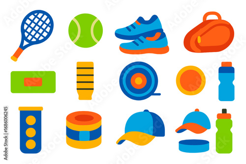 Tennis Gear Icons. Flat vector icons of tennis gear: tennis racket, tennis ball, tennis shoes, tennis bag, sweatband, grip tape,
