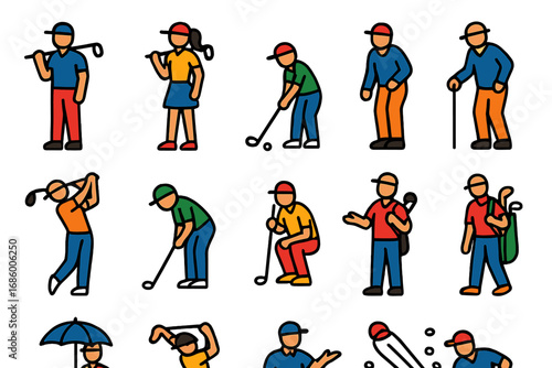 Modern Golf Icons. Flat vector icons of golf players: male golfer, female golfer, junior golfer, senior golfer, golfer swinging,