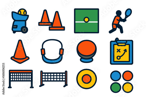 Tennis Training Icons. Flat vector icons of tennis training tools: ball machine, target cones, rebound wall, footwork ladder,