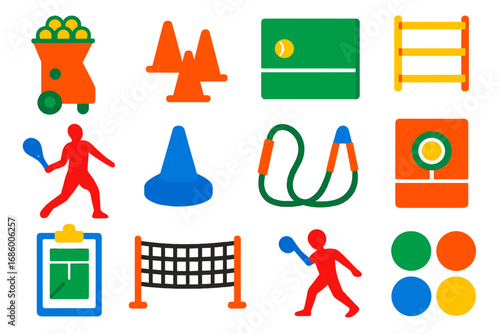 Tennis Training Icons. Flat vector icons of tennis training tools: ball machine, target cones, rebound wall, footwork ladder,