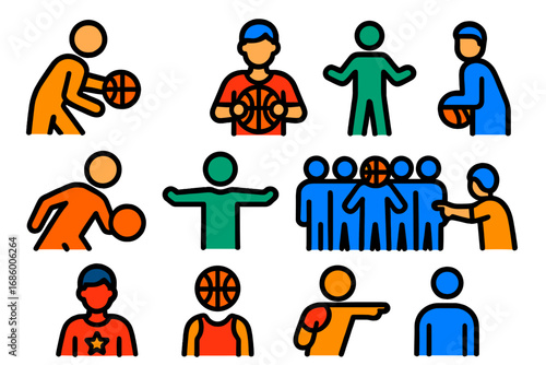 Basketball Position Icons. Flat vector icons of basketball positions: point guard icon, shooting guard icon, small forward icon,