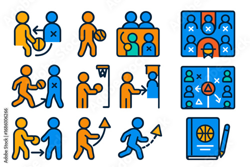 Basketball Strategy Icons. Flat vector icons of basketball strategies and plays: pick and roll, isolation play, zone defense,