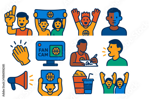 Basketball Fan Icons. Flat vector icons of basketball fans and audience: foam finger, team banner, cheering fan, face paint,