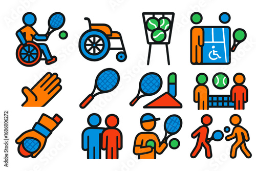 Adaptive Tennis Icons. Flat vector icons of adaptive tennis: wheelchair tennis player, sport wheelchair, tennis ball basket,