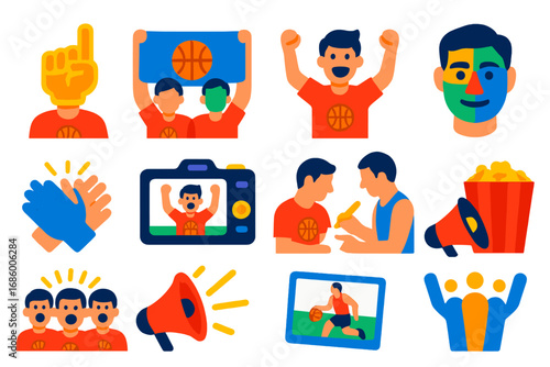 Basketball Fan Icons. Flat vector icons of basketball fans and audience: foam finger, team banner, cheering fan, face paint,