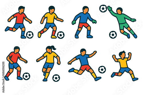 Soccer Player Icons. Flat vector icons of soccer players: striker icon, midfielder icon, defender icon, goalkeeper icon, player