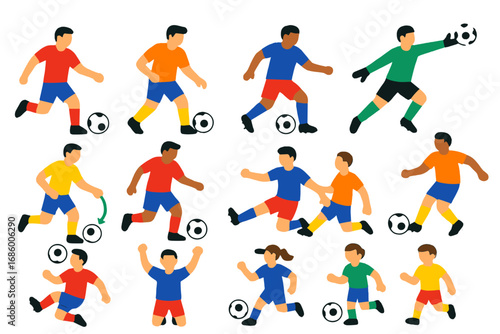 Soccer Player Icons. Flat vector icons of soccer players: striker icon, midfielder icon, defender icon, goalkeeper icon, player