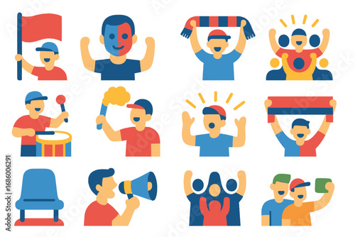 Soccer Fan Icons. Flat vector icons of soccer fans and crowd: waving flag, face paint, supporter scarf, crowd cheer, drum beating,