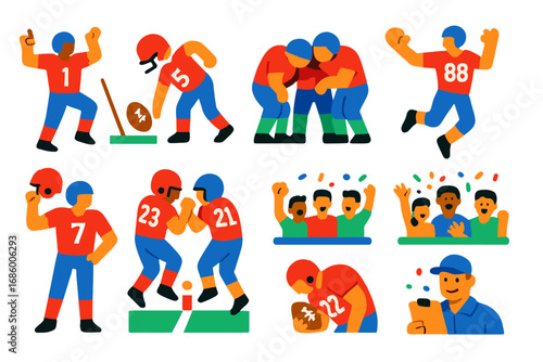 Football Celebration Icons. Flat vector icons of football celebrations: touchdown dance, end zone spike, team huddle, victory jump