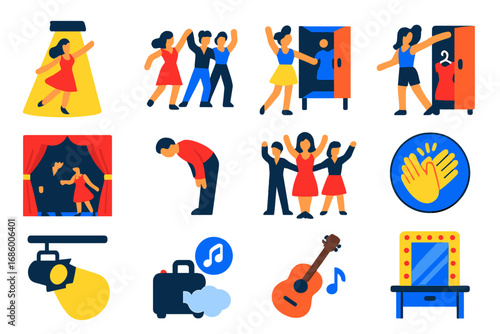 Dance Performance Icons. Flat vector icons of dance performances: spotlight solo, partner routine, group choreography, costume