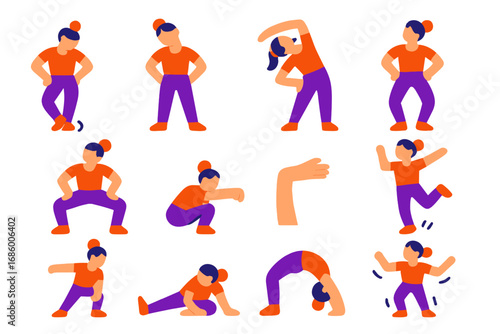 Dance Warm-Up Icons. Flat vector icons of dance warm-up: ankle rolls, neck tilt, side bends, hip circles, plies, toe points, wrist
