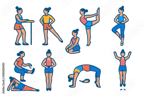Ballet Exercise Icons. Flat vector icons of ballet training exercises: barre plié, tendu drill, foot stretch, balance hold, ankle