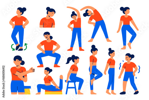 Dance Warm-Up Icons. Flat vector icons of dance warm-up: ankle rolls, neck tilt, side bends, hip circles, plies, toe points, wrist