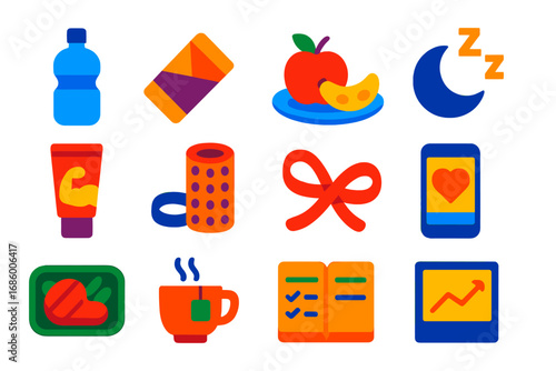 Ballet Wellness Icons. Flat vector icons of ballet nutrition and wellness: water bottle, protein snack, fruit plate, sleep icon,