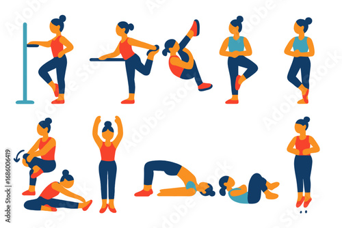 Ballet Exercise Icons. Flat vector icons of ballet training exercises: barre plié, tendu drill, foot stretch, balance hold, ankle