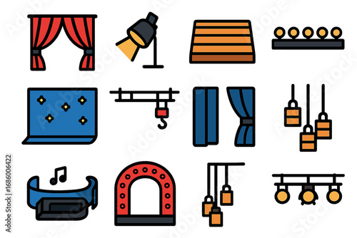 Theater Stage Icons. Flat vector icons of theater stage elements: red curtain, spotlight, stage floor, footlights, backdrop cloth,