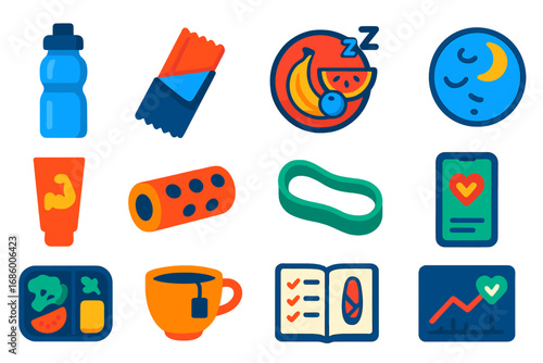 Ballet Wellness Icons. Flat vector icons of ballet nutrition and wellness: water bottle, protein snack, fruit plate, sleep icon,