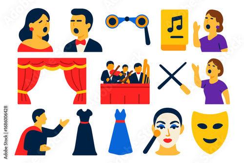 Opera Icon Set. чFlat vector icons of opera performance: soprano singer, tenor voice, opera glasses, music score, velvet curtain,